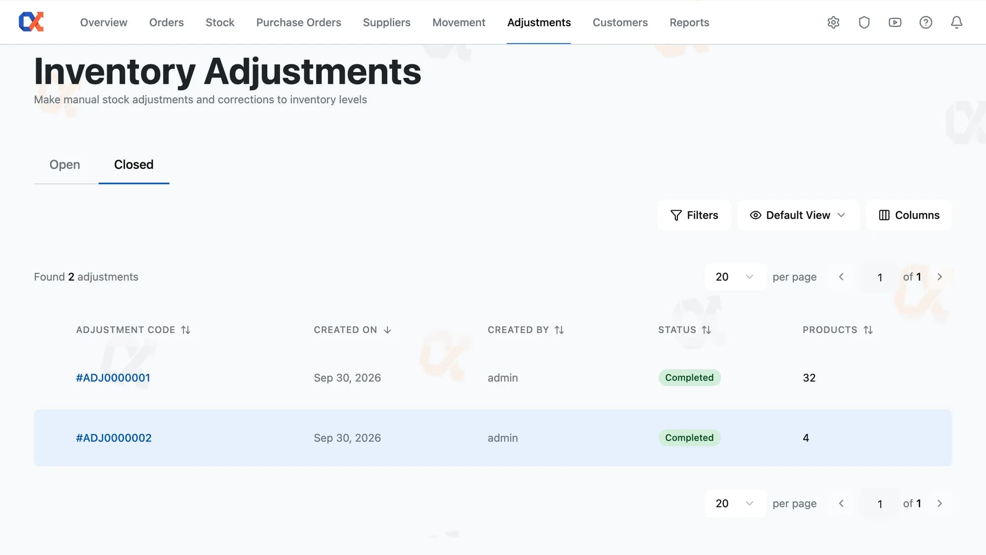 Inventory Alpha Inventory Adjustments screen with completed adjustments
