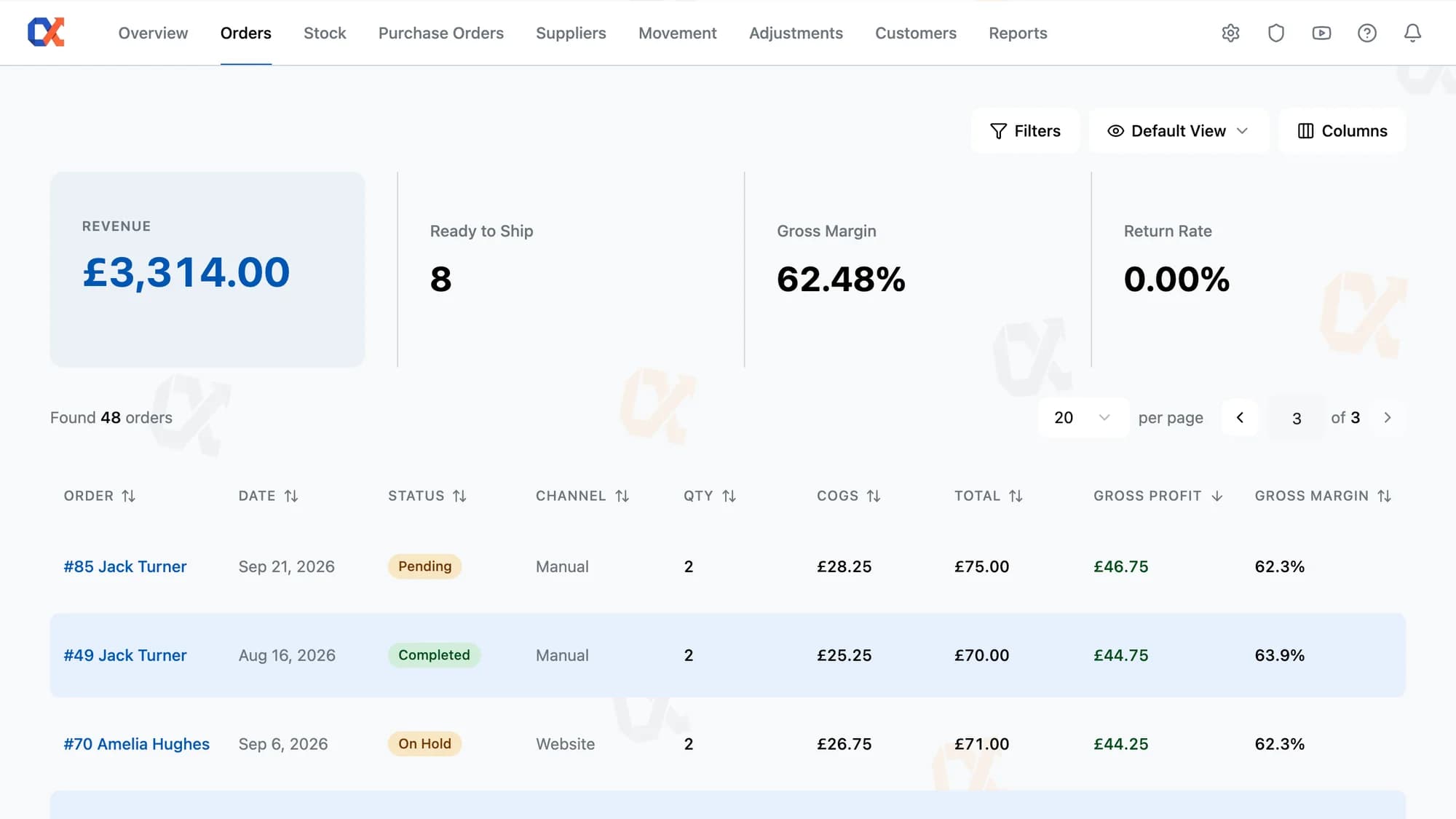 Inventory Alpha Orders screen with COGS, gross profit, and gross margin per order
