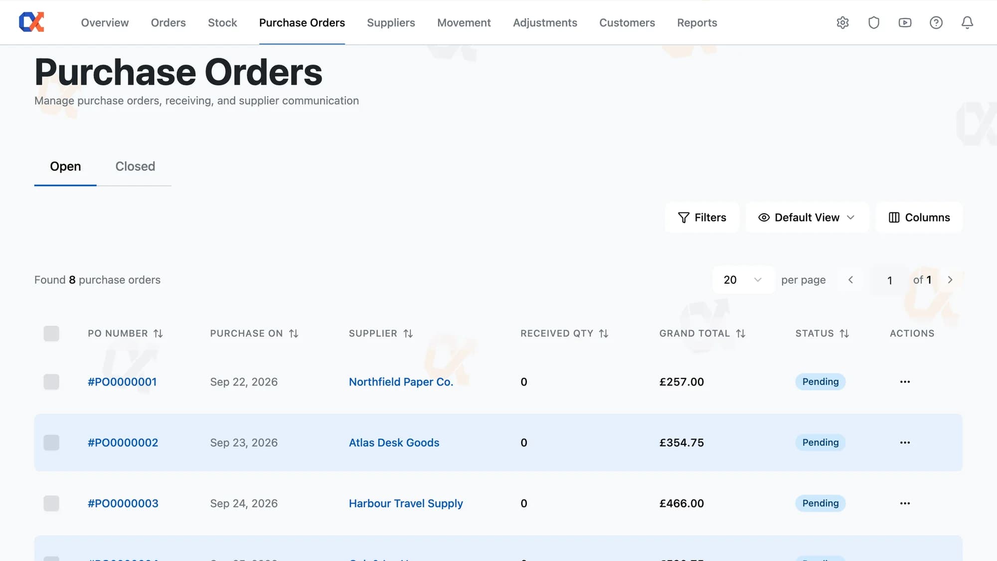 Inventory Alpha Purchase Orders screen listing open purchase orders by supplier