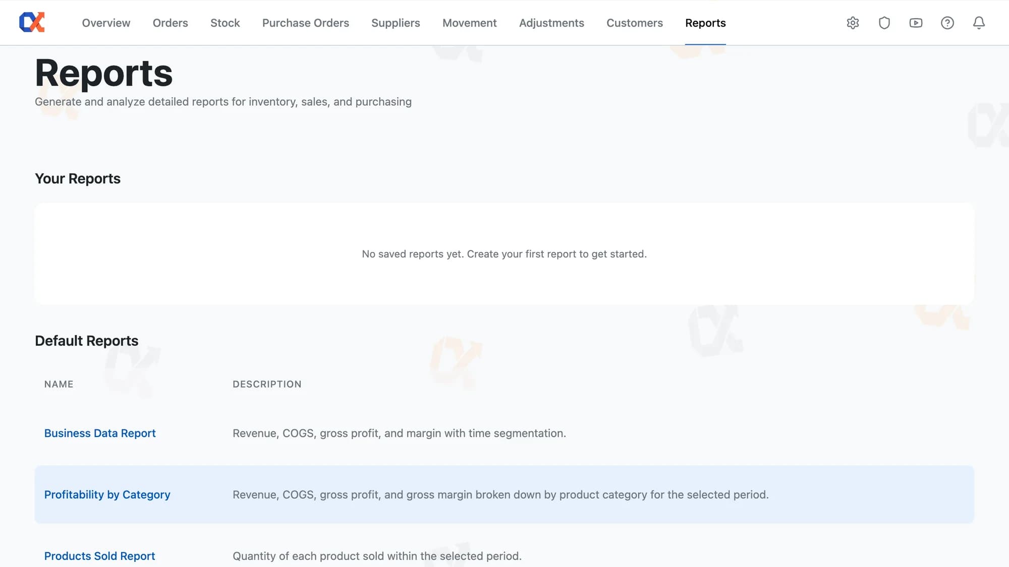 Inventory Alpha Reports screen with ready-made reports
