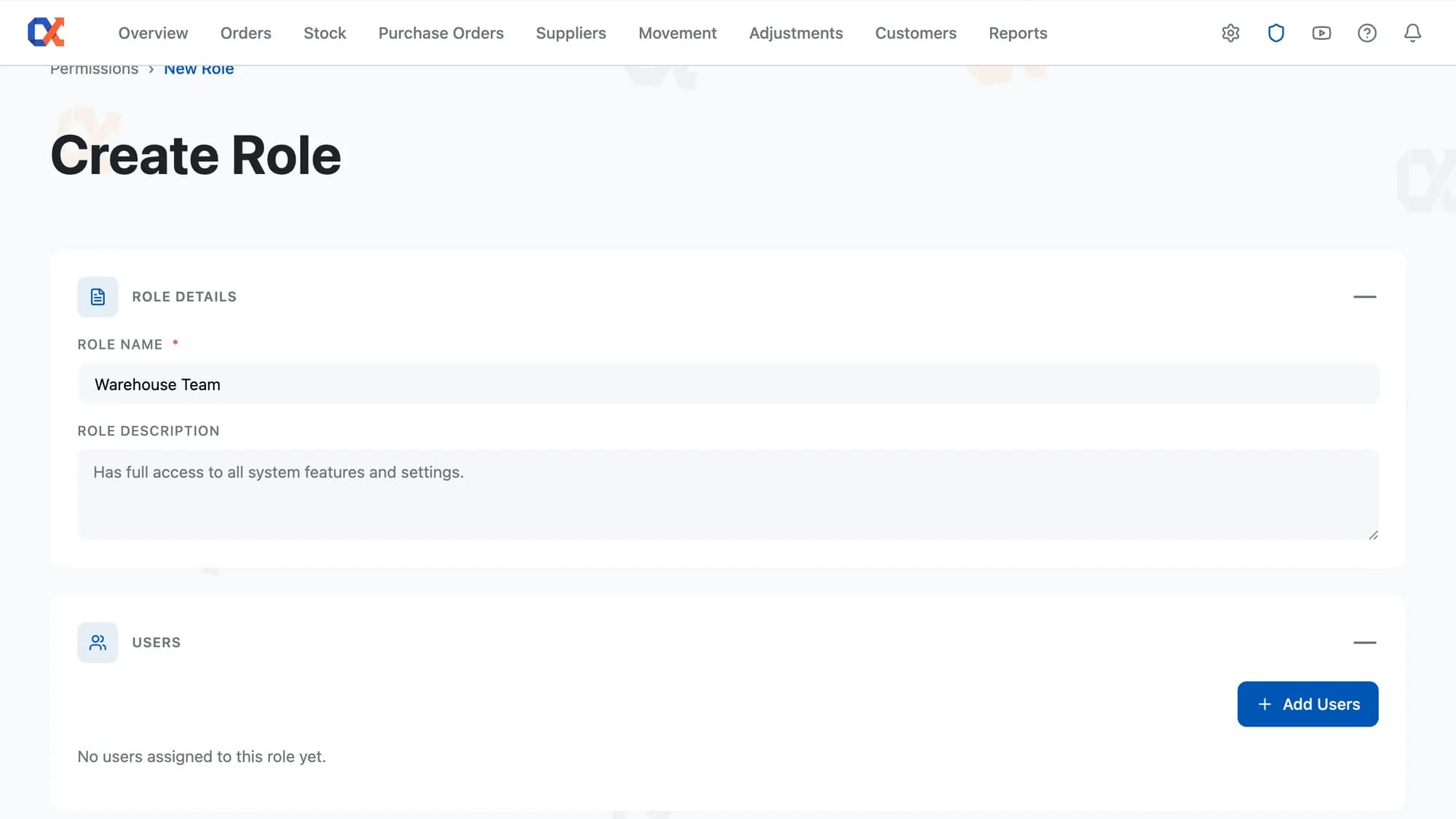 Inventory Alpha role editor with per-feature permissions