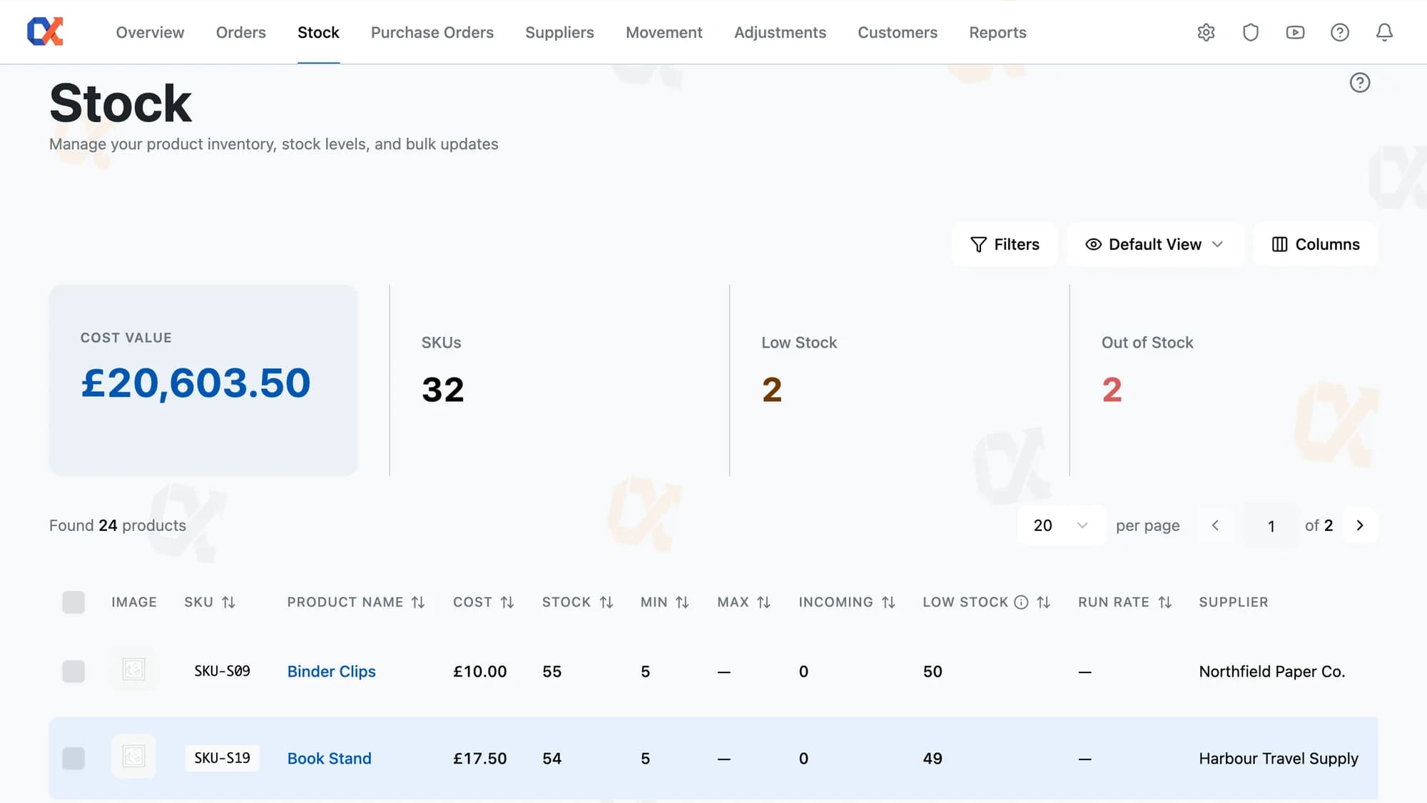 Inventory Alpha Stock screen with cost value, SKUs, low stock, and per-product stock settings