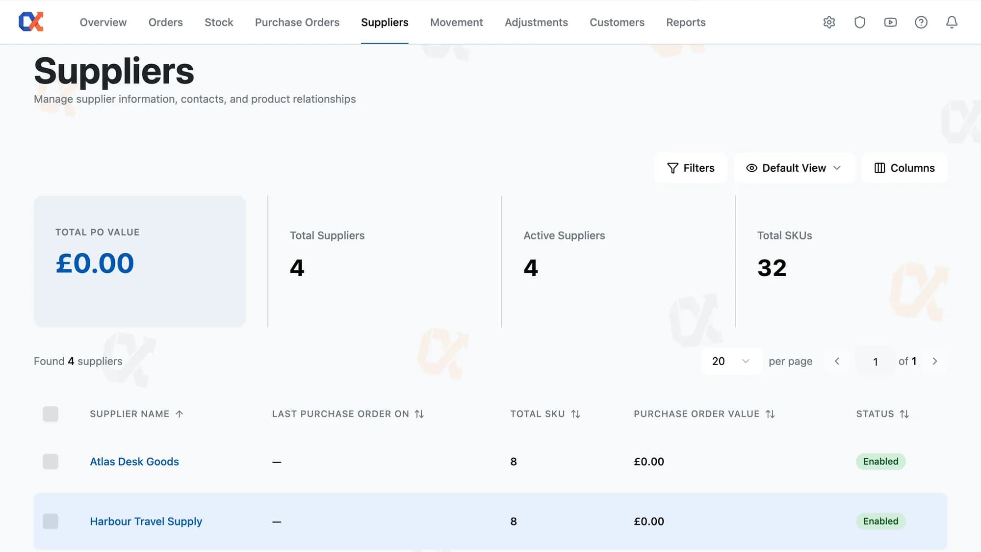 Inventory Alpha Suppliers screen with supplier directory and linked SKUs